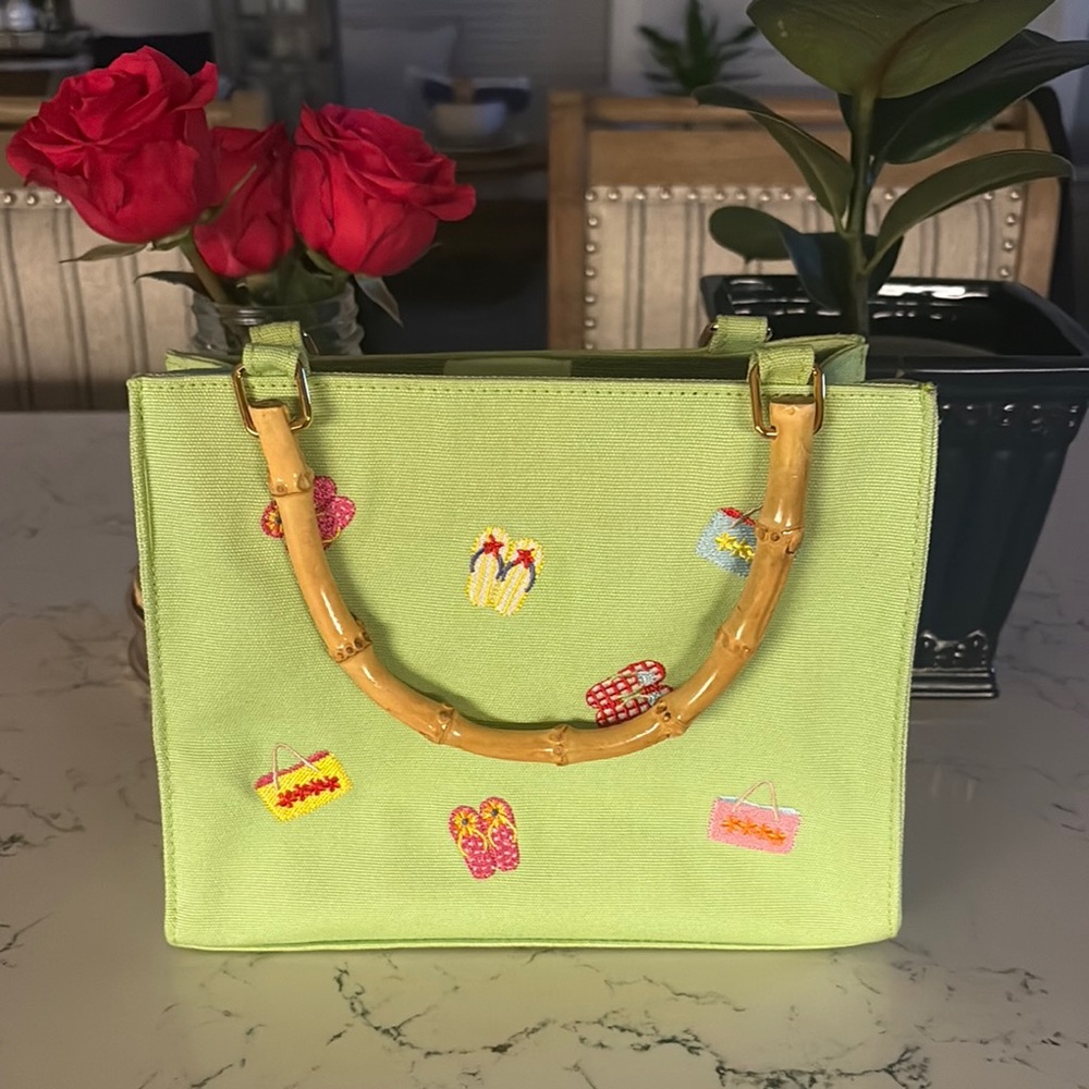 Green and Brown Bamboo Handle Tote
